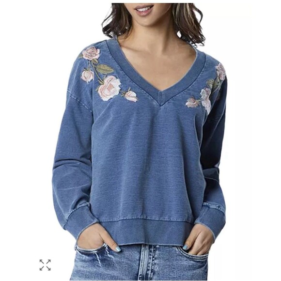 Billy T Vneck Sweatshirt Rose Embroidered Stretch Denim Sz Small - Picture 1 of 9